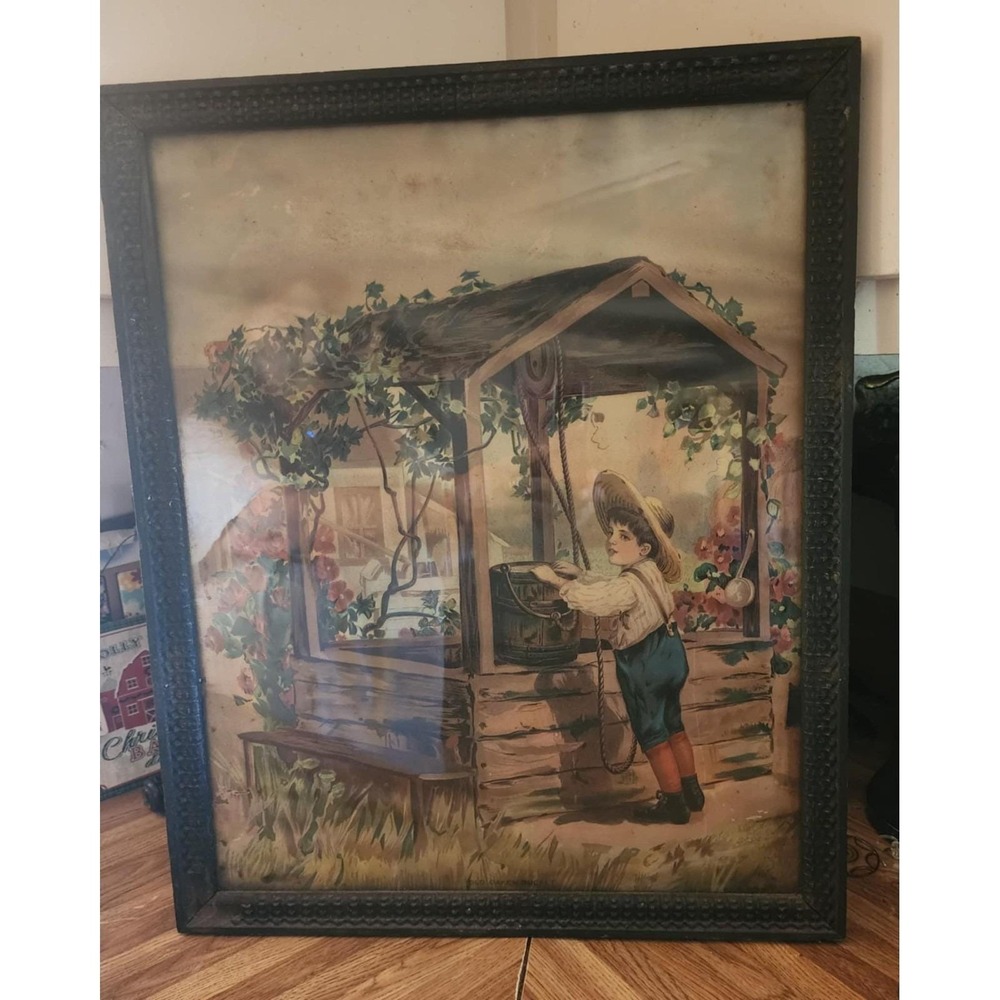 Antique Wood Framed Victorian Lithograph Print "OLD OAKEN BUCKET" Boy at Well - Picture 4 of 9